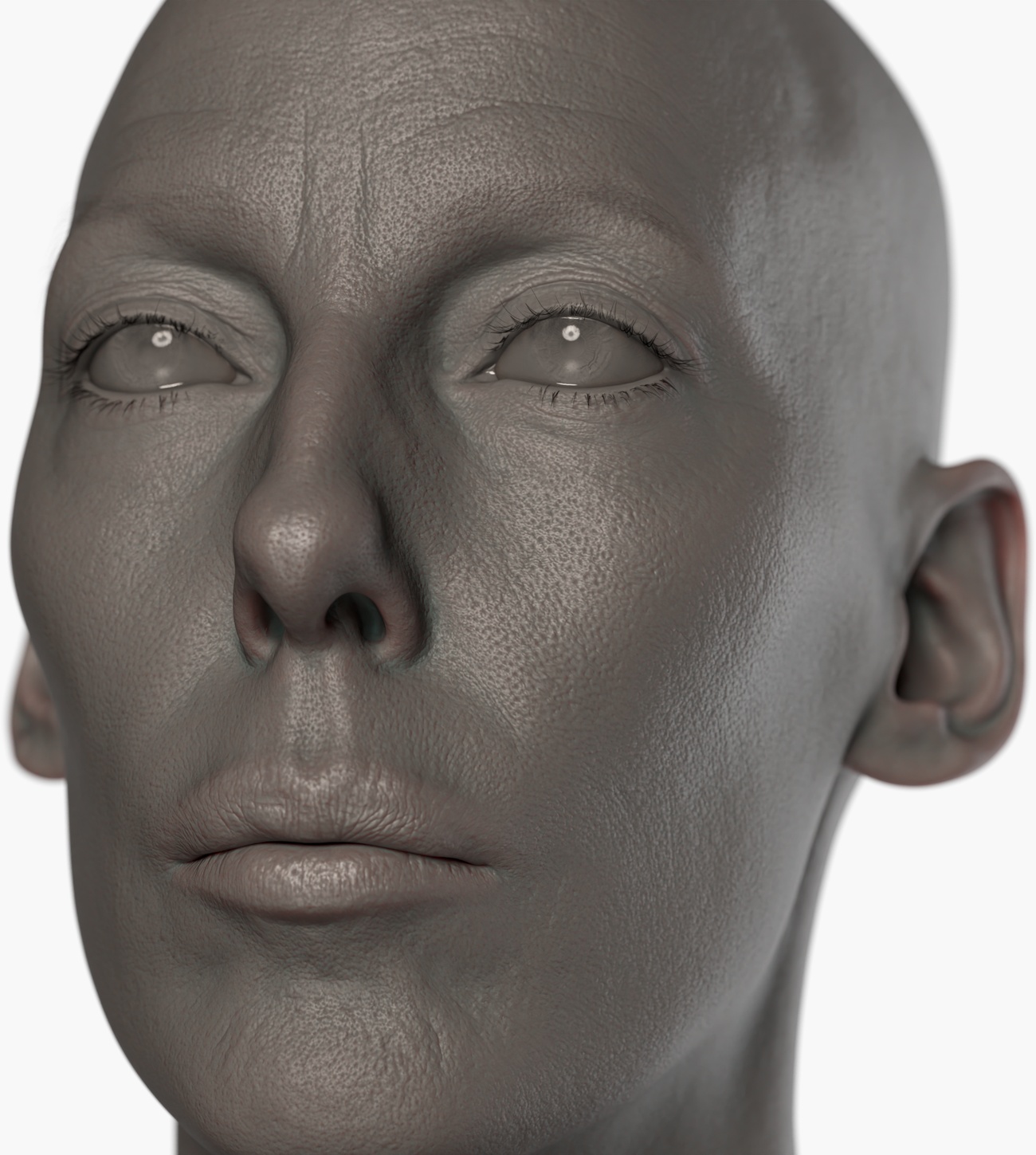 Clay render of a female 3D head scan showing fine skin pore and surface detail from photogrammetry capture